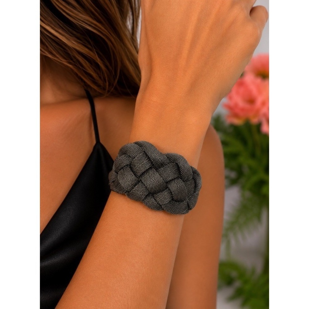 Wide Textured Braided Metal Mesh Wide‎ Pewter Tone Bracelet Cuff Vintage Y2K EUC